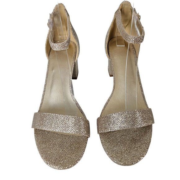 Mysoft Womens 8.5 Chunky Heels Open Toe Gold Glitter Ankle Strap Wedding Sandals - Picture 15 of 15